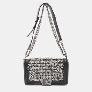 Chanel Black/White Leather Fabric Boy Chanel Chain Shoulder Bag