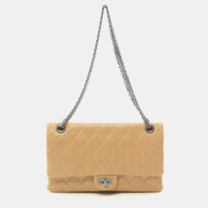 Chanel Beige Leather 2.55 Matelasse W Flap Chain Shoulder Bag