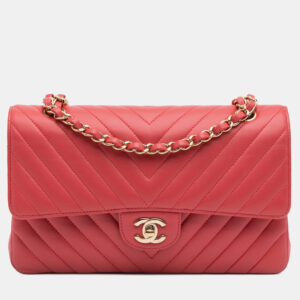 Chanel Red Lambskin Classic Chevron Medium Double Flap
