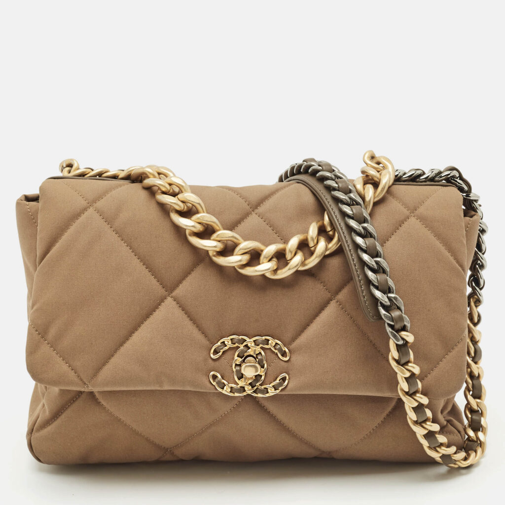 luxury-women-chanel-used-handbags-p1152077-013 Chanel Brown Quilted Nylon Large 19 Flap Bag
