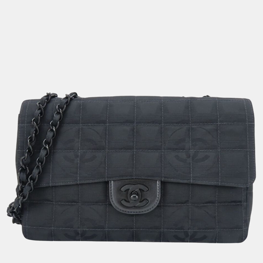 luxury-women-chanel-used-handbags-p1153626-009 Chanel Black Jacquard Nylon New Travel Line Shoulder Bag