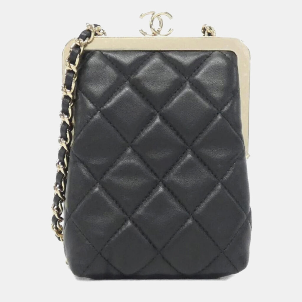 luxury-women-chanel-used-handbags-p1153654-003 Chanel Black Lambskin Plexi Quilted CC Evening Clutch With Chain