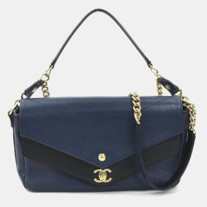 Chanel Blue/Black Quilted Lambskin Leather Small Double Chevron Flap Bag