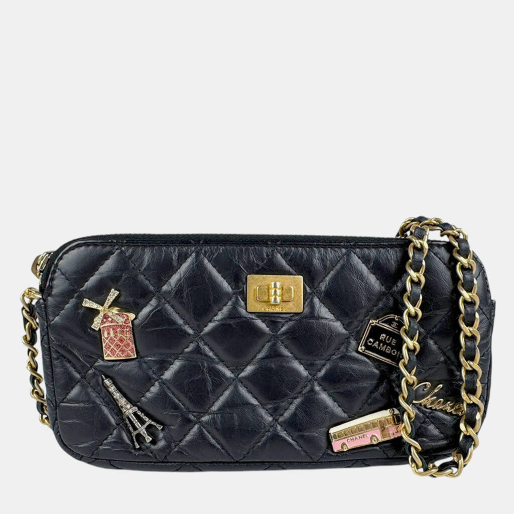 luxury-women-chanel-used-handbags-p1153698-003 Chanel Black Embroidery Leather 2.55 Chain Wallet