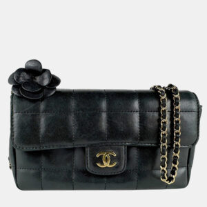 Chanel Black Lambskin Quilted Mini Chocolate Bar Camellia Flap Bag
