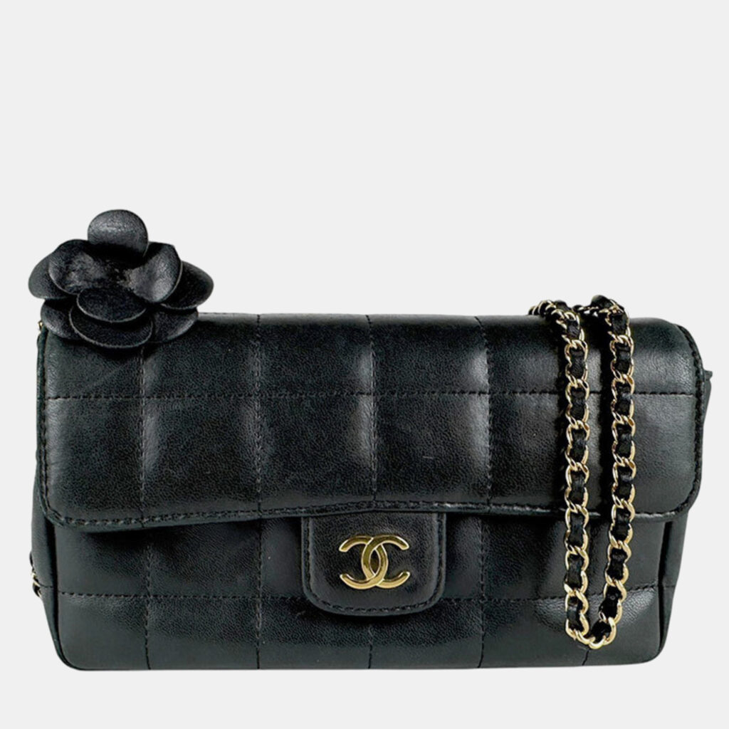 luxury-women-chanel-used-handbags-p1153728-003 Chanel Black Lambskin Quilted Mini Chocolate Bar Camellia Flap Bag