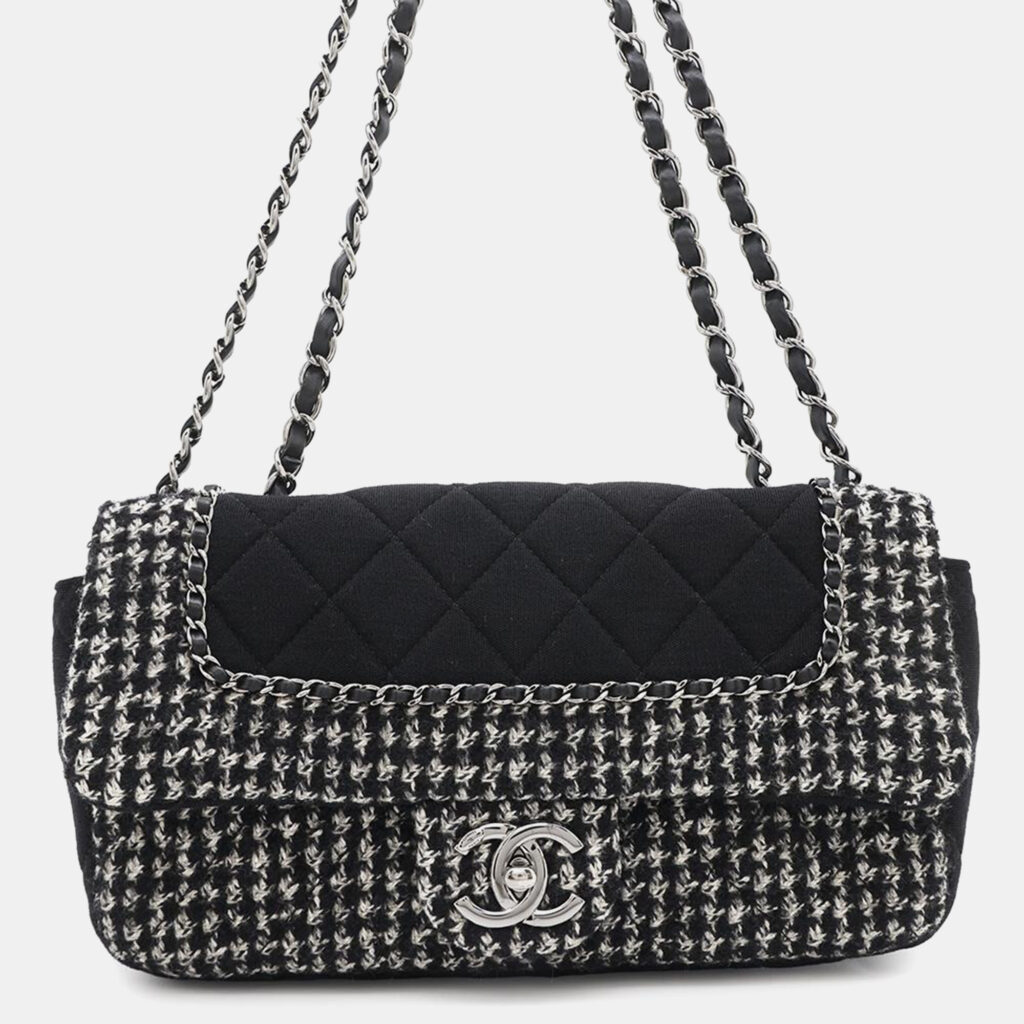 luxury-women-chanel-used-handbags-p1153888-003 Chanel Black and White Tweed Cotton Jersey Flap Chain Shoulder Bag