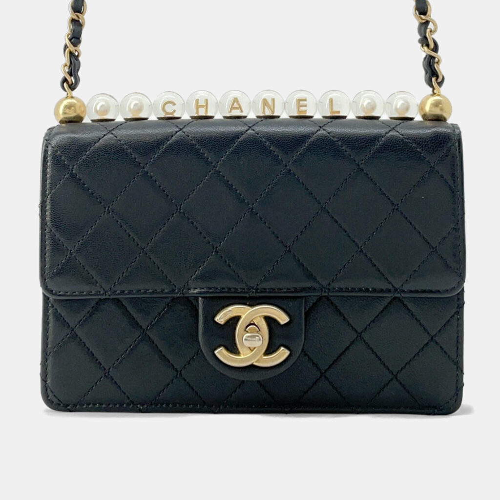 luxury-women-chanel-used-handbags-p1153948-027 Chanel Black Lambskin Pearl Chain Shoulder Bag