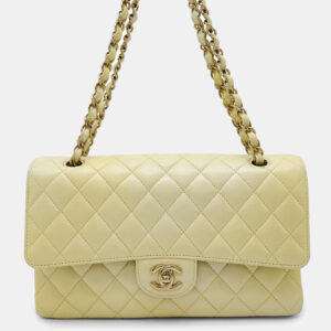 Chanel Matelasse Double Flap Chain shoulder Bag Metalic yellow Calf Leather Size 25