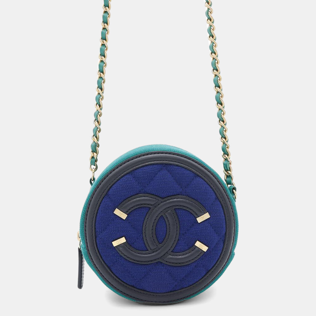 luxury-women-chanel-used-handbags-p1153967-006 Chanel Blue/Green Cotton CC Filigree Round Chain Shoulder Bag