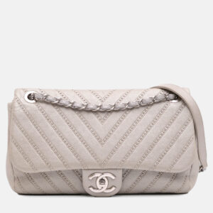 Chanel Silver Medium Chevron Calfskin Stud Wars Flap Bag