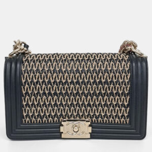 Chanel Beige Black Leather Boy Medium Bag