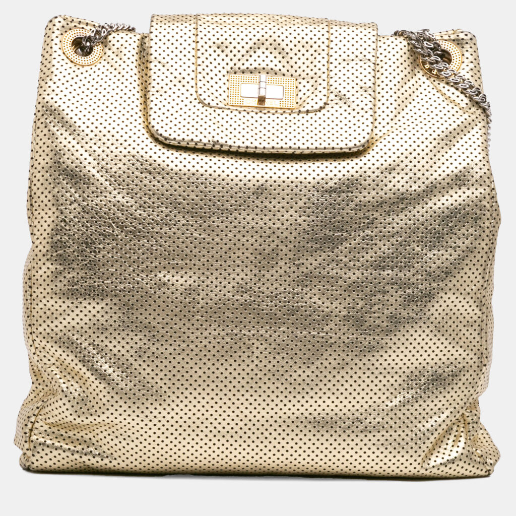 luxury-women-chanel-used-handbags-p1155326-010 Chanel Gold Perforated Crackled Metallic Calfskin Drill Tote