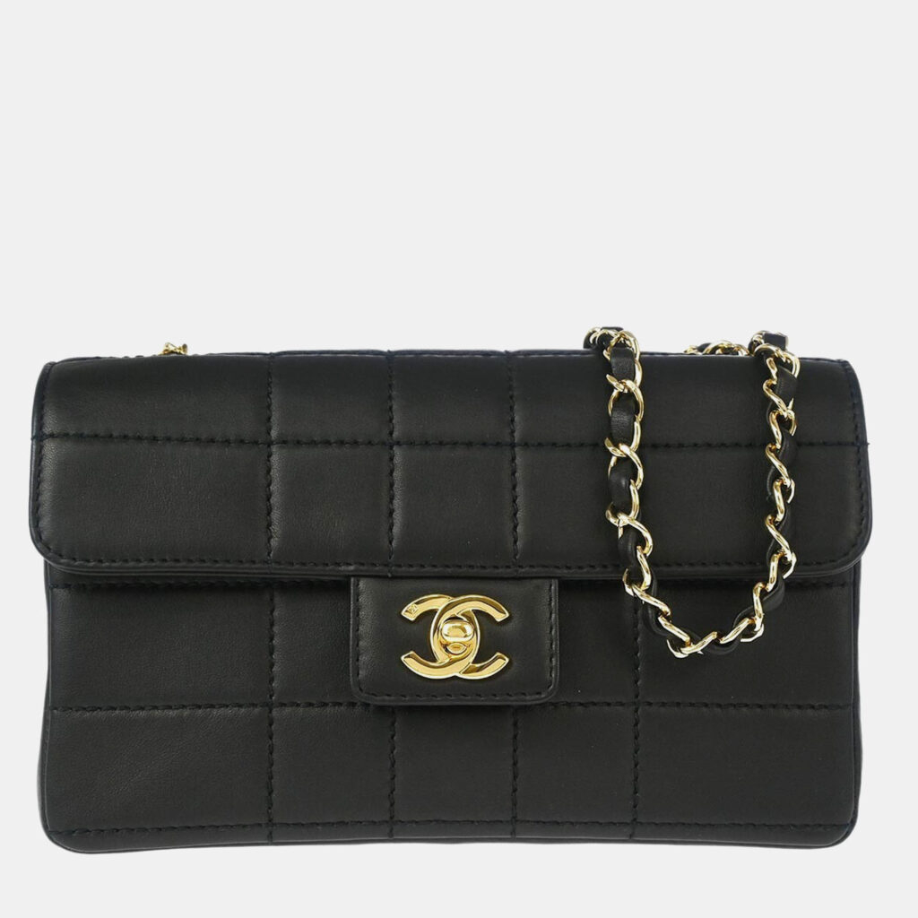 Chanel Black Leather Choco Bar Flap Shoulder Bag
