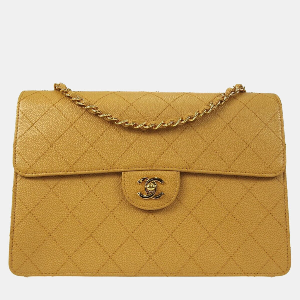 luxury-women-chanel-used-handbags-p1155591-001 Chanel Beige Calfskin Jumbo Classic Flap Shoulder Bag