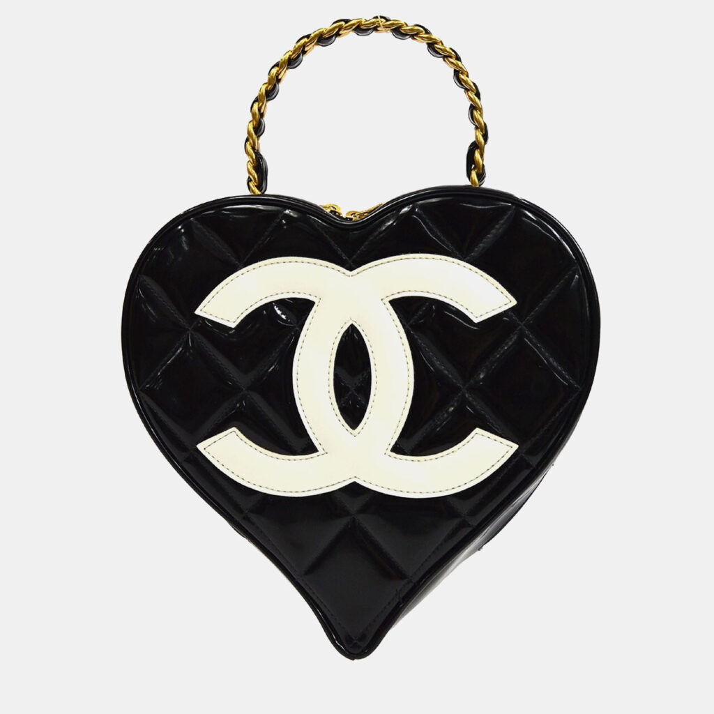 Chanel Black Patent Leather Heart Vanity Handbag