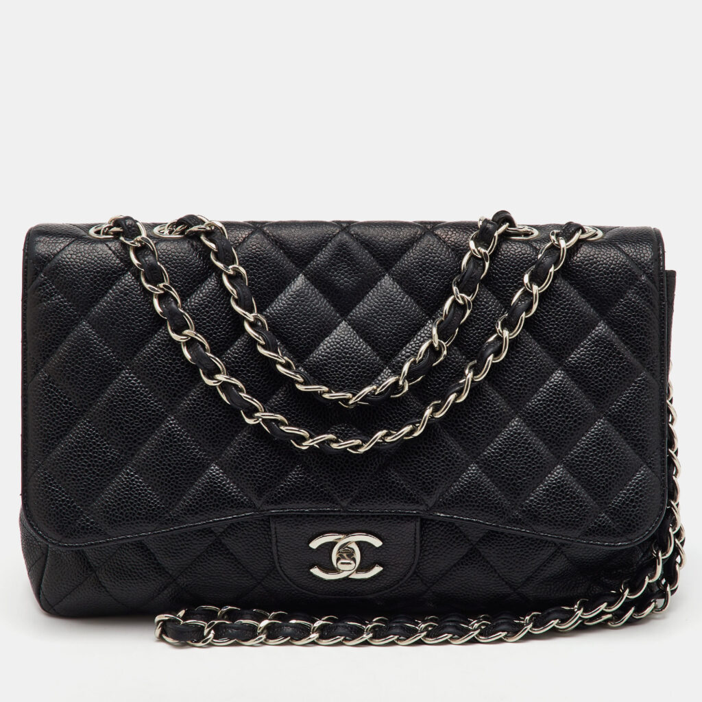 luxury-women-chanel-used-handbags-p1156333-005 Chanel Black Quilted Caviar Leather Jumbo Classic Single Flap Bag