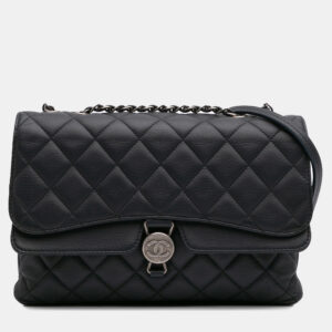 Chanel Black Small Quilted Grained Calfskin CC Round Clasp Accordion Flap