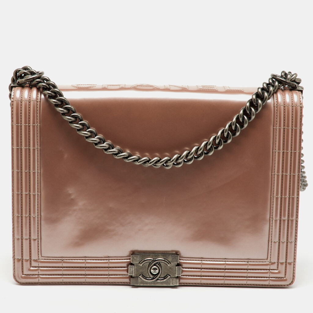 luxury-women-chanel-used-handbags-p1156458-003 Chanel Beige Patent Leather Large Reverso Boy Flap Bag