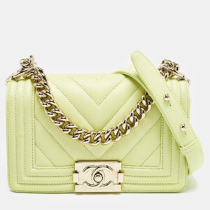 Chanel Yellow Green Chevron Leather Small Boy Flap Bag