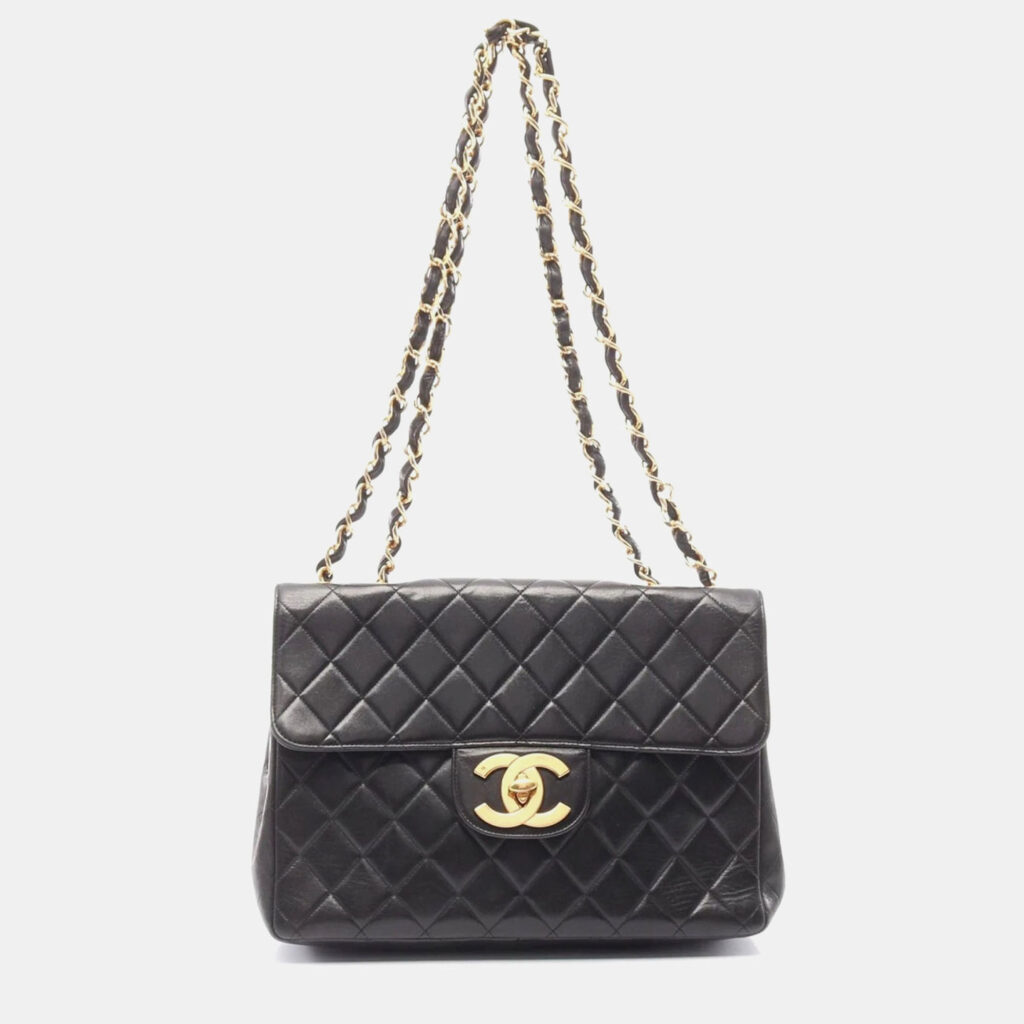 luxury-women-chanel-used-handbags-p1156922-001 Chanel Black Lambskin Leather Jumbo Classic Flap Shoulder Bag
