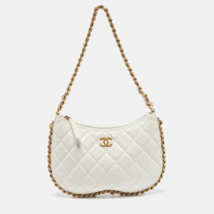 chanel white quilted leather cc chain around hobo