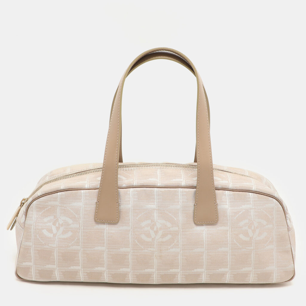 luxury-women-chanel-used-handbags-p1157277-015 Chanel Beige Printed Nylon Travel Ligne Bowler Bag