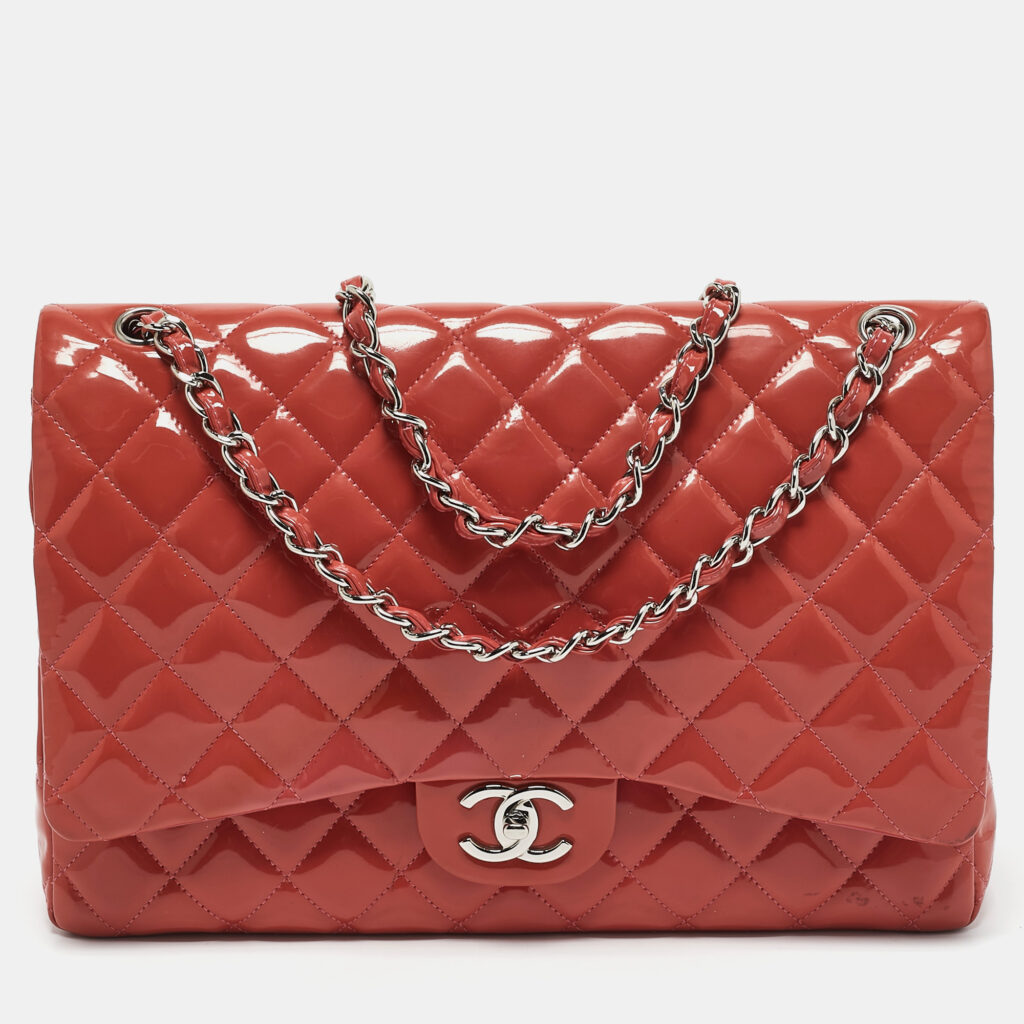 luxury-women-chanel-used-handbags-p1157294-003 Chanel Coral Red Quilted Patent Leather Maxi Classic Double Flap Bag