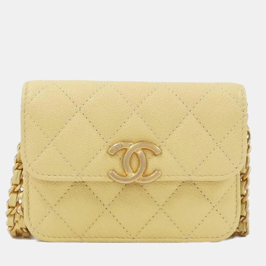 luxury-women-chanel-used-handbags-p1157499-005 Chanel Yellow Quited Leather Chain Clutch
