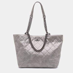 Chanel Grey Quilted Iridescent Calfskin Shopping in Chains Tote
