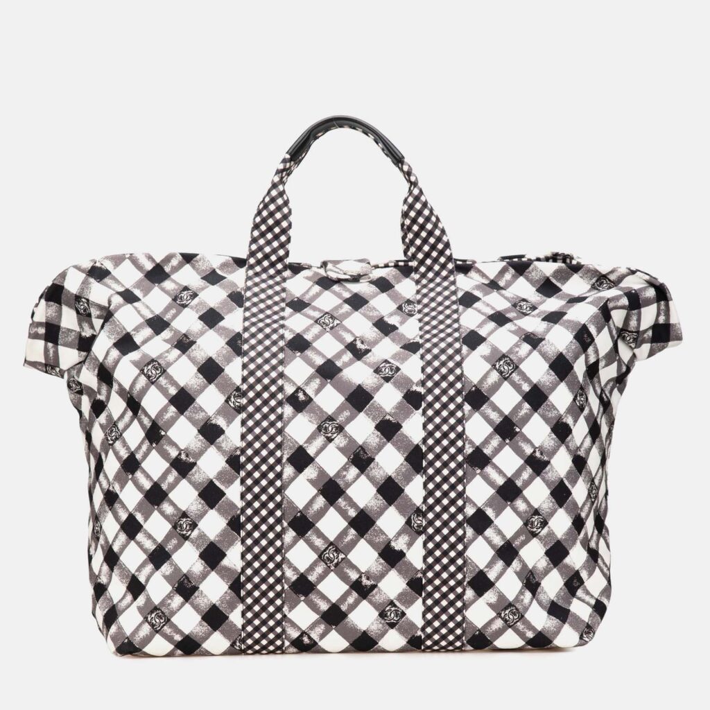 luxury-women-chanel-used-handbags-p1158121-011 Chanel Black/White Printed Canvas Gingham Weekender Tote