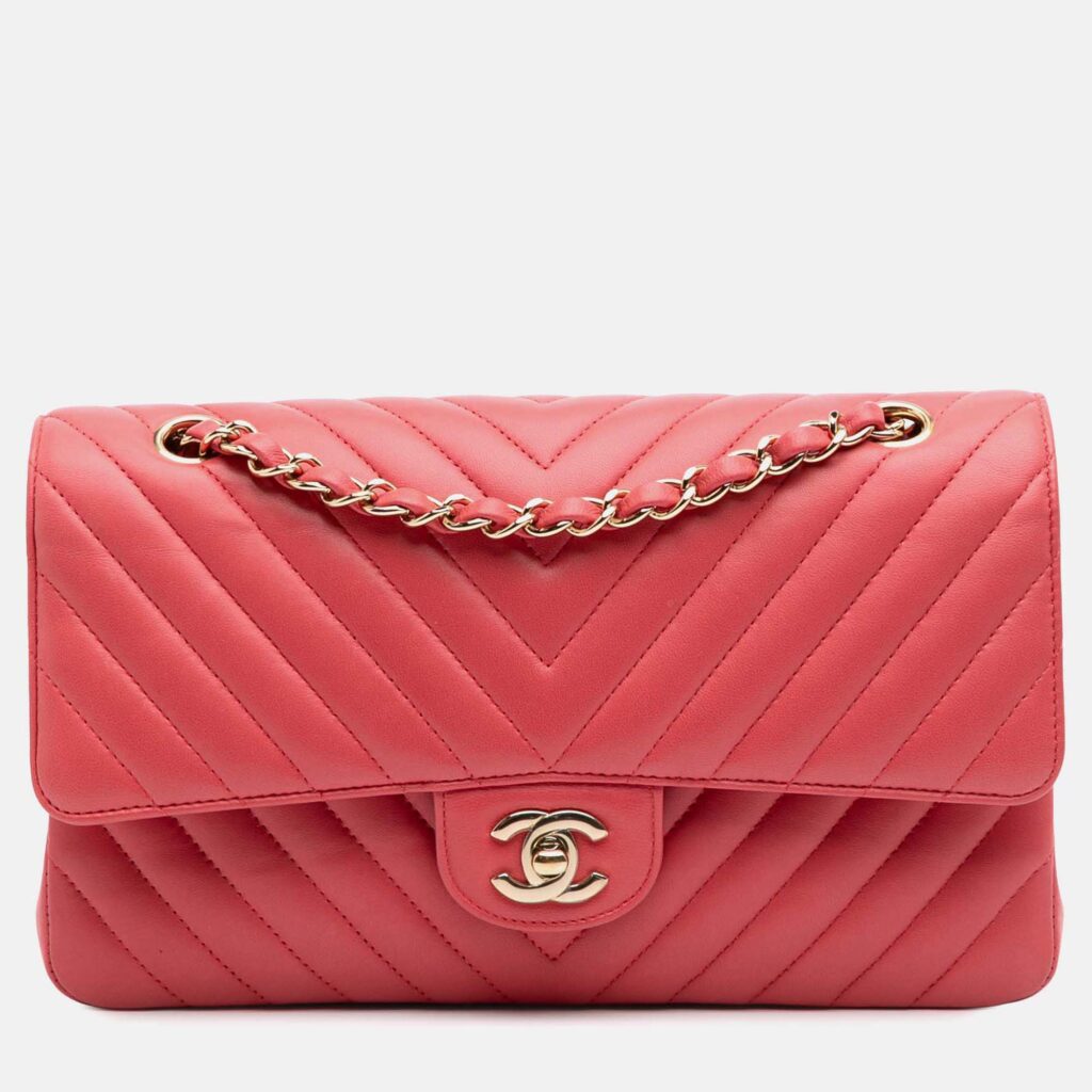 luxury-women-chanel-used-handbags-p1158801-011 Chanel Pink Medium Classic Chevron Lambskin Double Flap