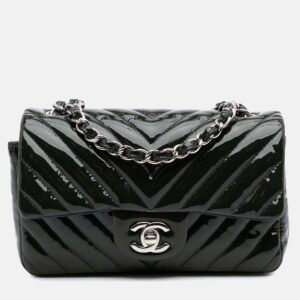 Chanel Navy Blue Mini Rectangular Classic Chevron Patent Single Flap