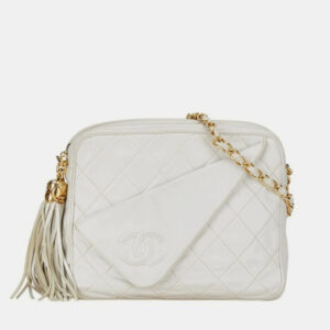 Chanel White Matelasse Lambskin Coco Mark Tassel Chain Shoulder Bag