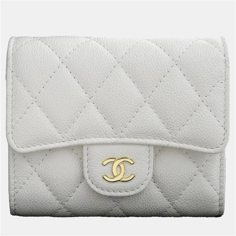 luxury-women-chanel-used-handbags-p1158974-007 Chanel White Matelasse Caviar Skin Small Coco Mark Tri-Fold Wallet