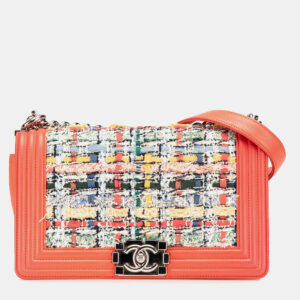 Chanel Orange Medium Tweed and Lambskin Boy Flap