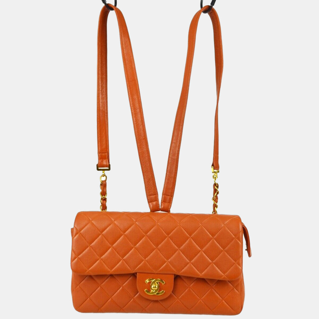 luxury-women-chanel-used-handbags-p1159176-006 Chanel Orange Lambskin Classic Flap Chain Backpack