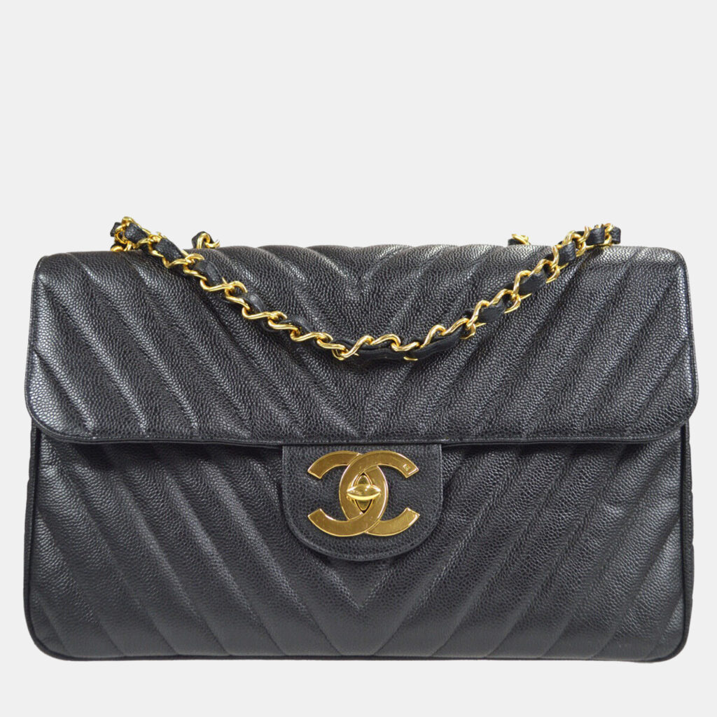 Chanel Black Calfskin Chevron Maxi Classic Flap Chain Shoulder Bag