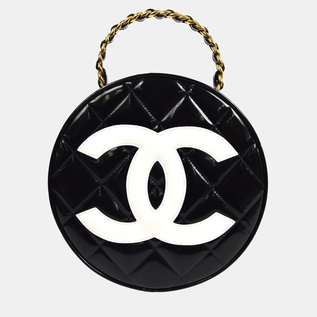 luxury-women-chanel-used-handbags-p1159198-004 Chanel Black Patent Leather Round Vanity Handbag