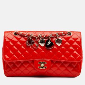 Chanel Red Medium Classic Patent Valentines Heart Charms Single Flap