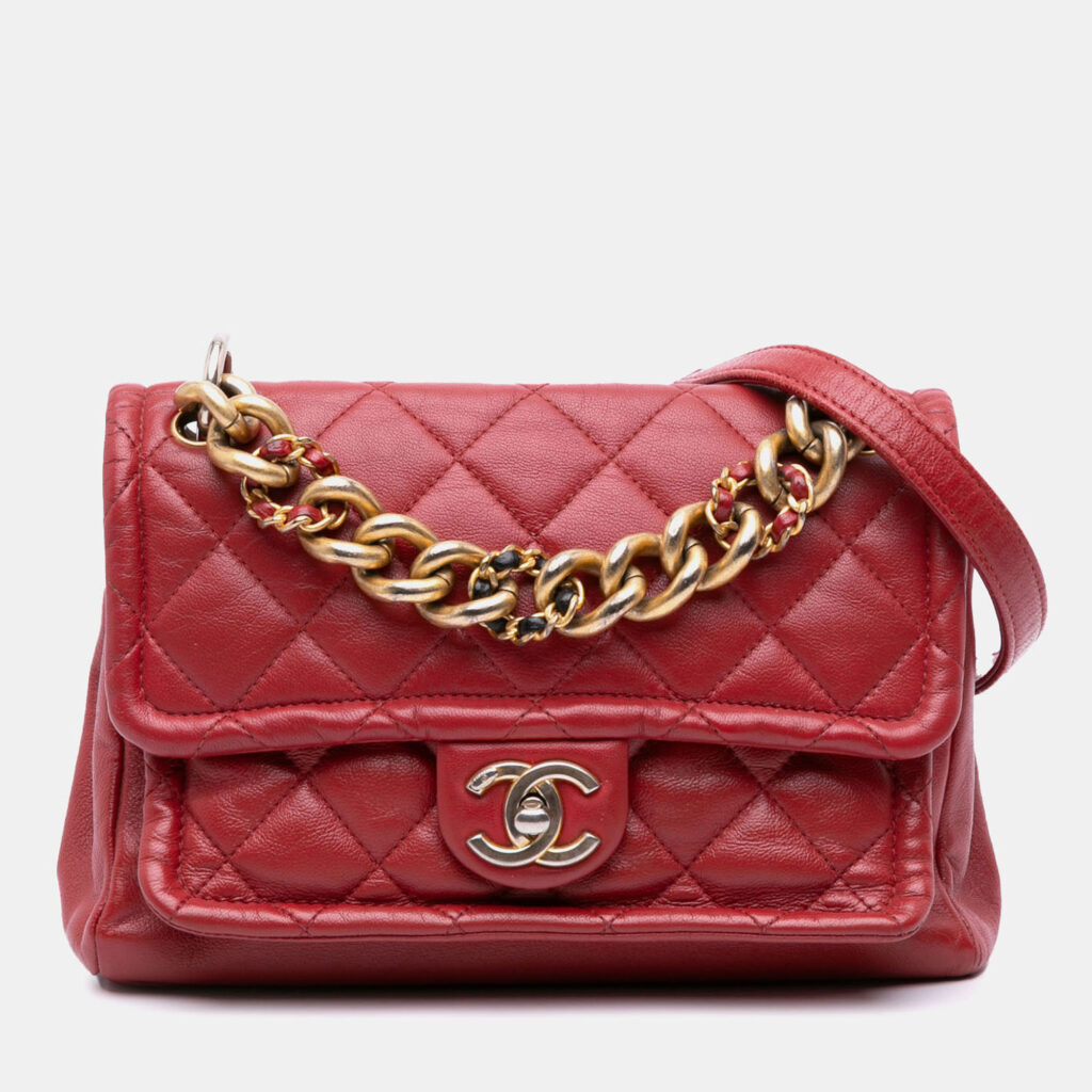 luxury-women-chanel-used-handbags-p1159712-009 Chanel Red Small Quilted Lambskin Chain Link Flap