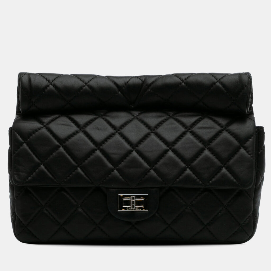 luxury-women-chanel-used-handbags-p1160280-008 Chanel Black Reissue 2.55 Metallic Lambskin Roll Clutch