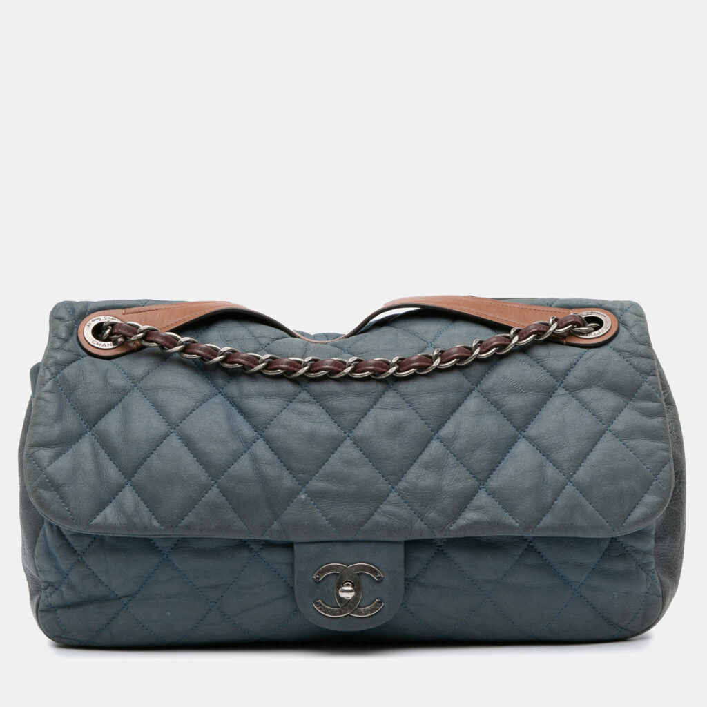 luxury-women-chanel-used-handbags-p1160304-002 Chanel Blue Jumbo Iridescent Calfskin In The Mix Flap