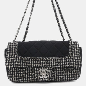 Chanel Black Ecru Tweed Jersey Quilted Medium Flap Bag