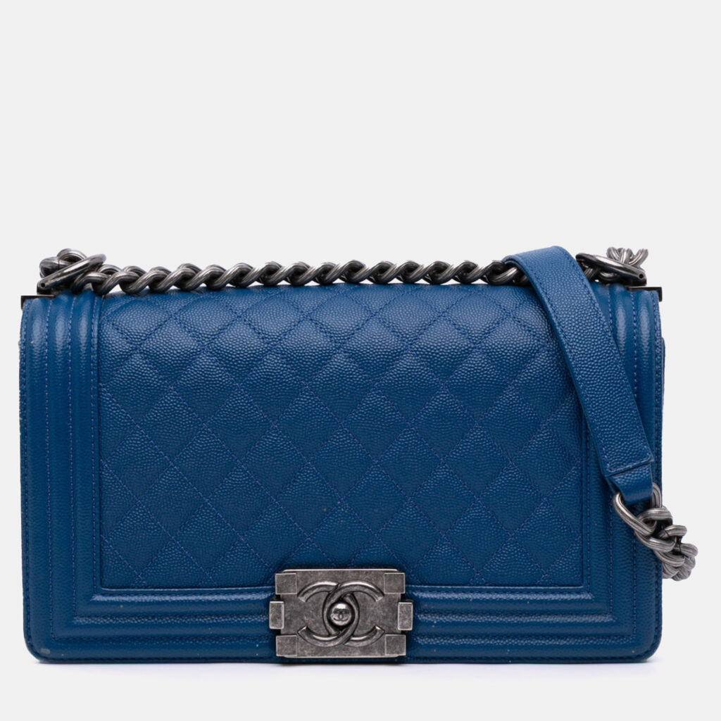 luxury-women-chanel-used-handbags-p1161316-010 Chanel Blue Old Medium Quilted Caviar Boy Flap