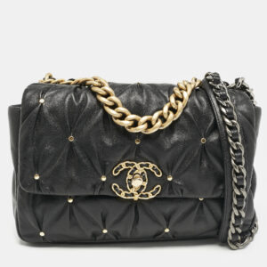 Chanel Black Quilted Leather Studded Small 19 Flap Bag