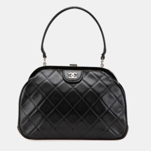 Chanel Black CC Quilted Lambskin Kiss Lock Frame Top Handle Bag