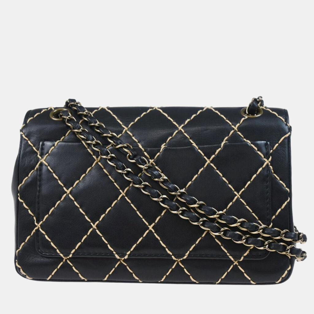 luxury-women-chanel-used-handbags-p1161990-003 Chanel Black Calfskin Wild Stitch Single Flap Shoulder Bag