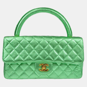 Chanel Metallic Green Lambskin Quilted CC Top Handle Handbag