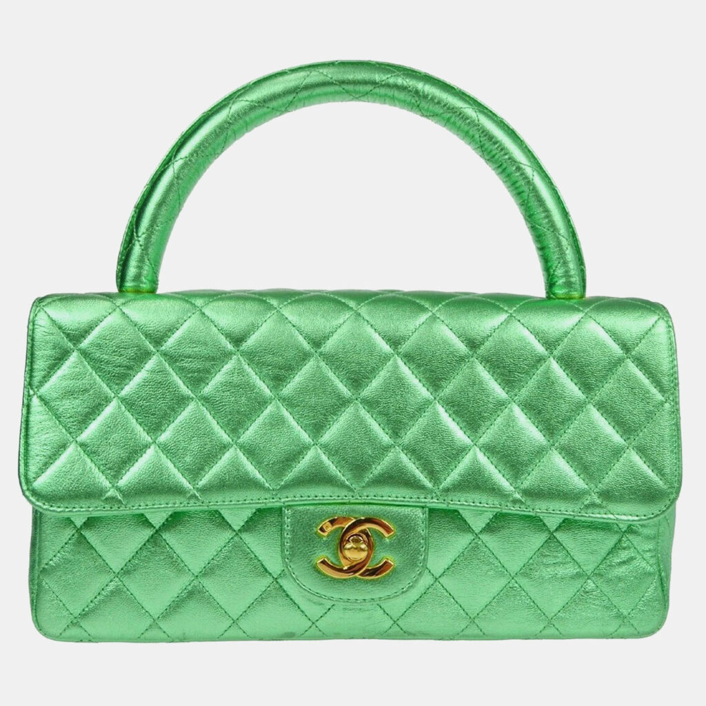luxury-women-chanel-used-handbags-p1162000-002 Chanel Metallic Green Lambskin Quilted CC Top Handle Handbag